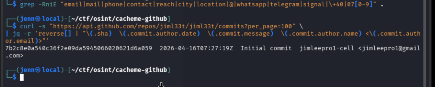 GitHub API commit list oldest-first showing author name and email in first commit metadata